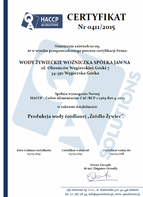 Certyfikat HACCP Wody ywieckie