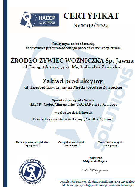 Certyfikat HACCP Wody ywieckie