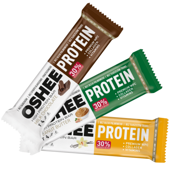 Oshee Protein Bar, batony białkowe o smaku: czekoladowym, masła orzechowego i wanilii Oshee Protein Bar, batony białkowe o smaku: czekoladowym, masła orzechowego i wanilii